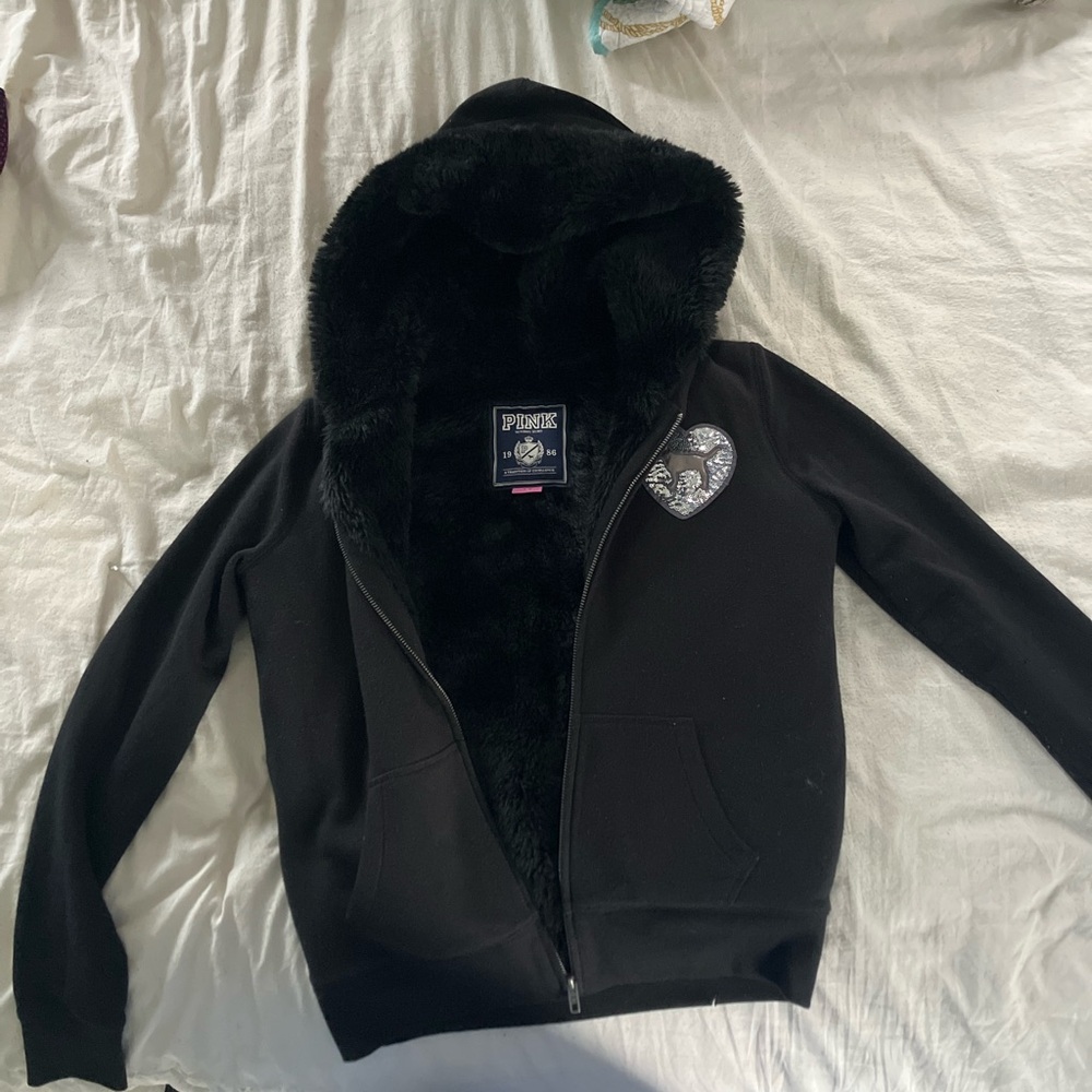 Furry PINK Victoria's Secret Black hoodie with Heart Accent
